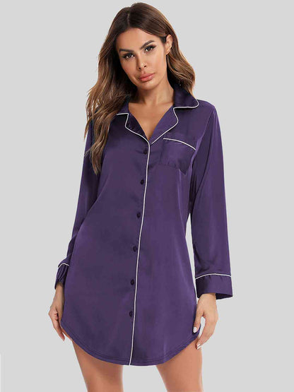 Women's Button Up Lapel Collar Night Dress with Pocket
