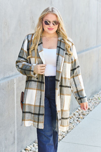 Double Take Plaid Button Up Lapel Collar Coat