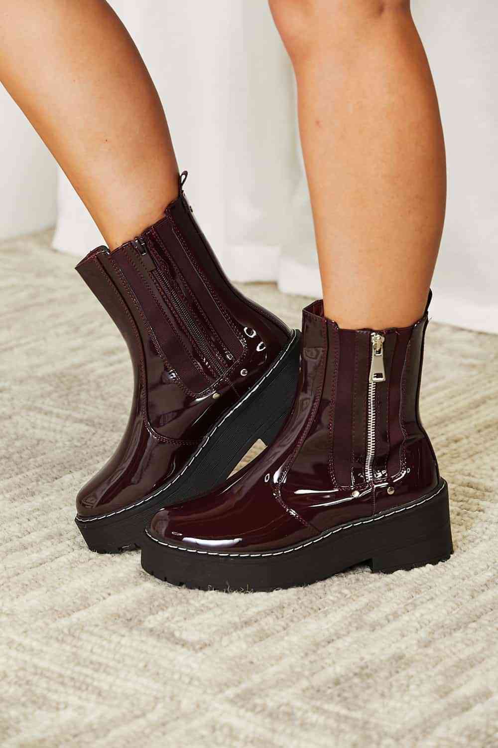 Side Zip Platform Boots - Wine