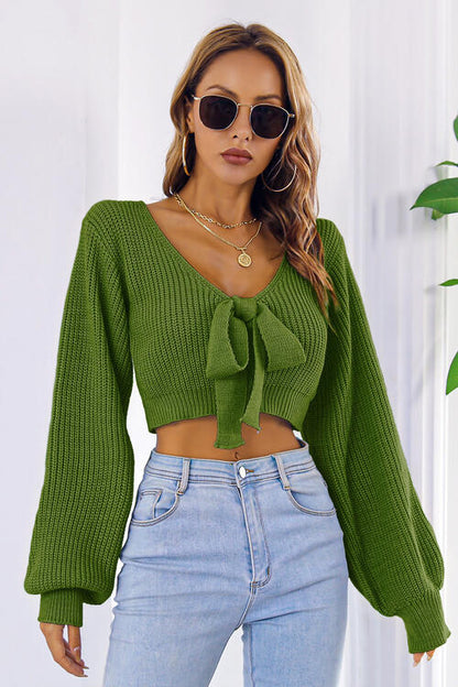 Women's Bow V-Neck Long Sleeve Cropped Sweater