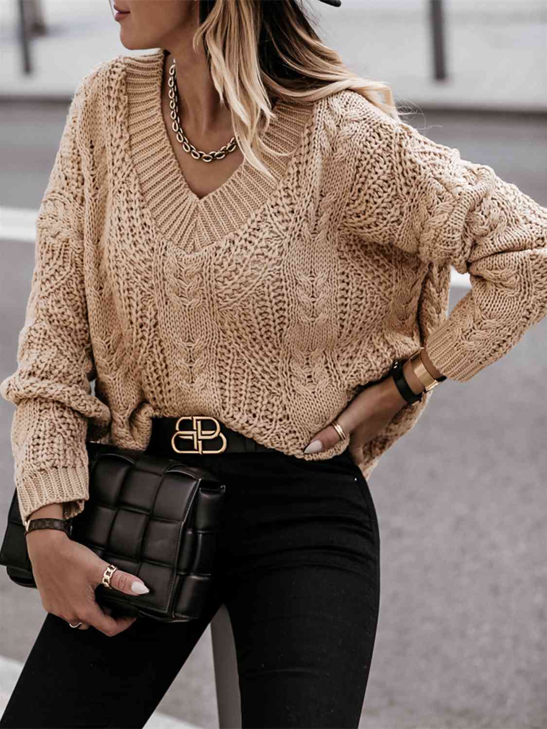 V-Neck Cable-Knit Long Sleeve Sweater