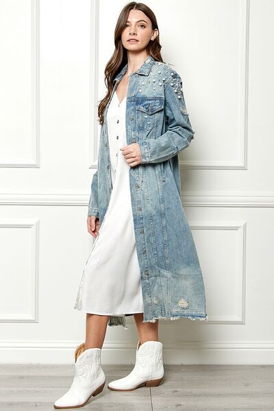 Full Size Distressed Raw Hem Pearl Detail Button Up Jacket
