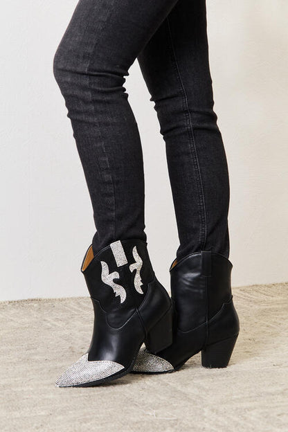 Rhinestone Pointed  Boots - Black