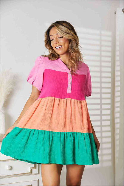 Emmy Color Block Buttoned Puff Sleeve Dress