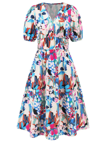 Ruched Floral Printed Short Sleeve Dress