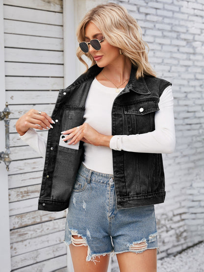 Button Front Cap Sleeve Denim Vest with Pockets