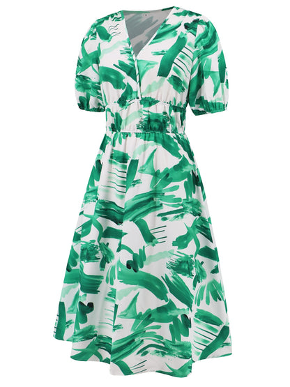 Ruched Floral Printed Short Sleeve Dress