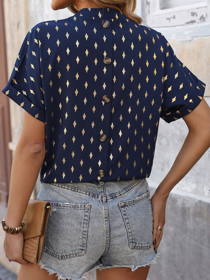 Printed Notched Short Sleeve Blouse