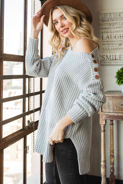 Women's Buttoned Boat Neck Slit Sweater