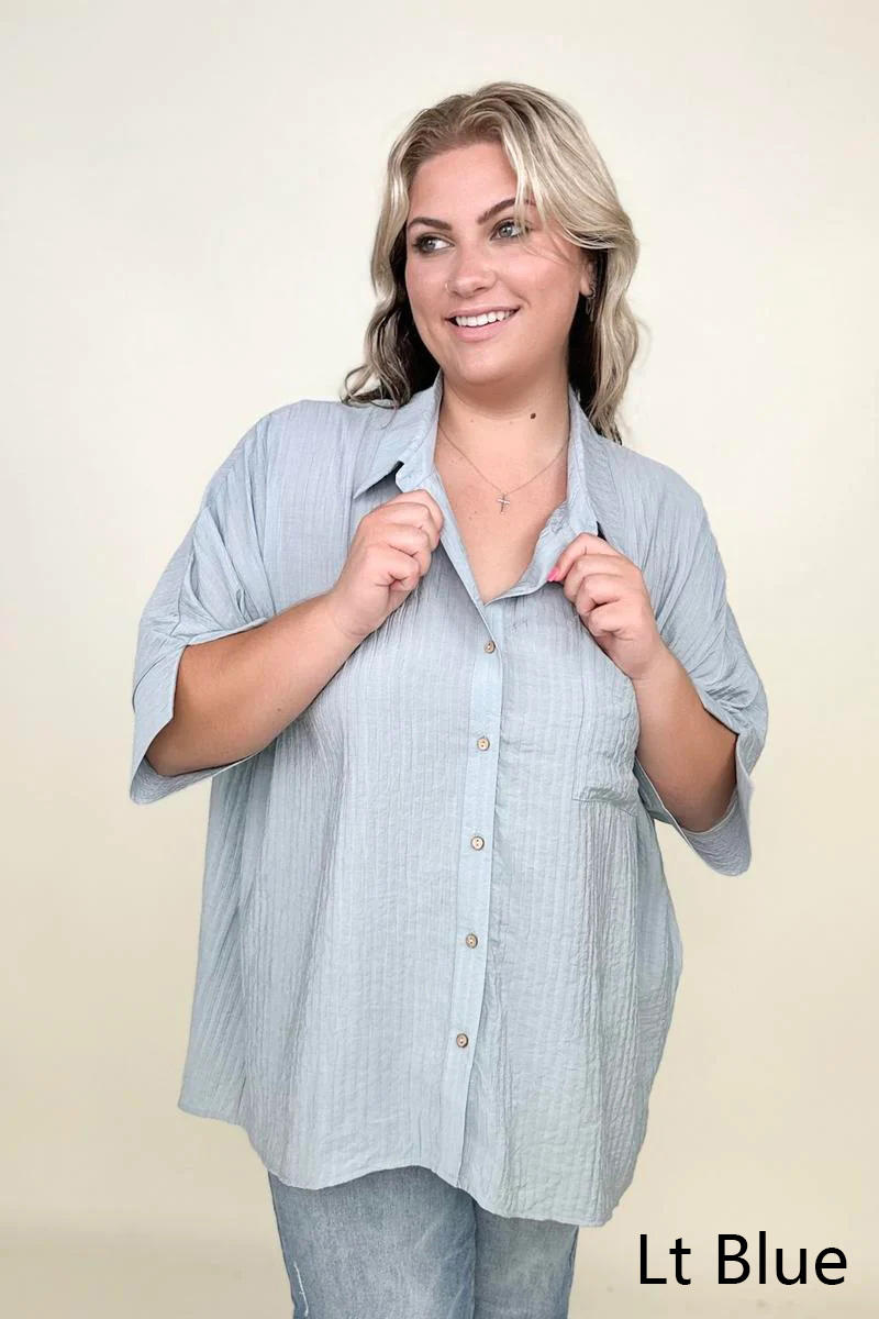 Pleated Batwing Short Sleeve Button Up Top